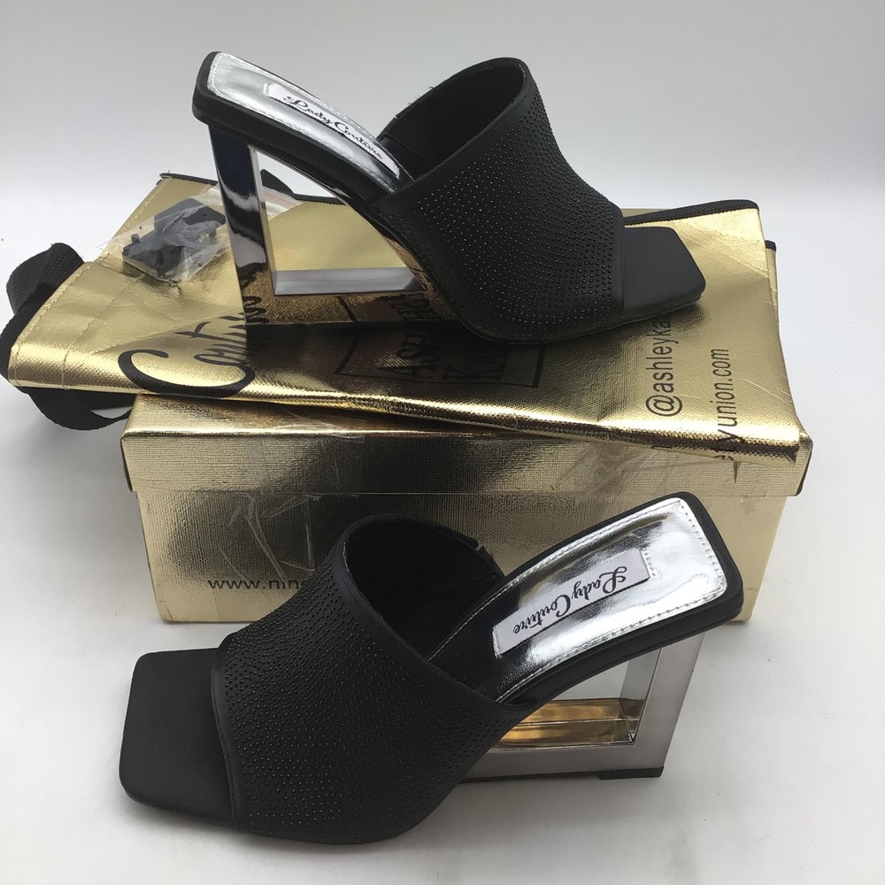 Lady Couture Fuego Black Micro‎ Studded Square Toe Heel Mules Size 9 NEW